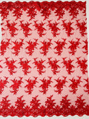Floral Plant Lace Fabric - Red - Flower Plant Design Lace Sequins Fabric Sold By Yard