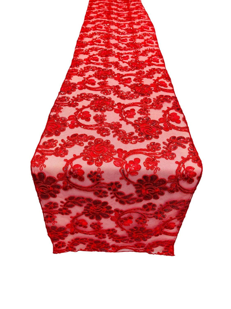 Floral Lace Sequins Table Runner - Red - 12" x 90" Floral Lace Table Runner