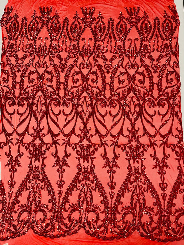 4 Way Stretch - Red - Sequins Damask Design Fabric Embroidered On Mesh Sold By The Yard