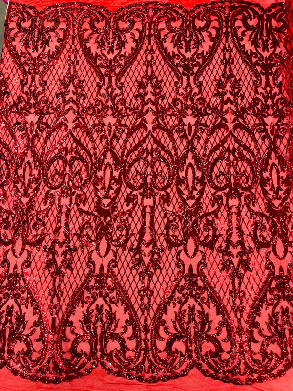 Heart Damask Sequins - Red - 4 Way Stretch Elegant Shiny Net Sequins Fabric By Yard