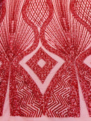 Beaded Diamond Design Fabric - Red - Beaded Embroidered Diamond Zig Zag Design on Mesh By Yard