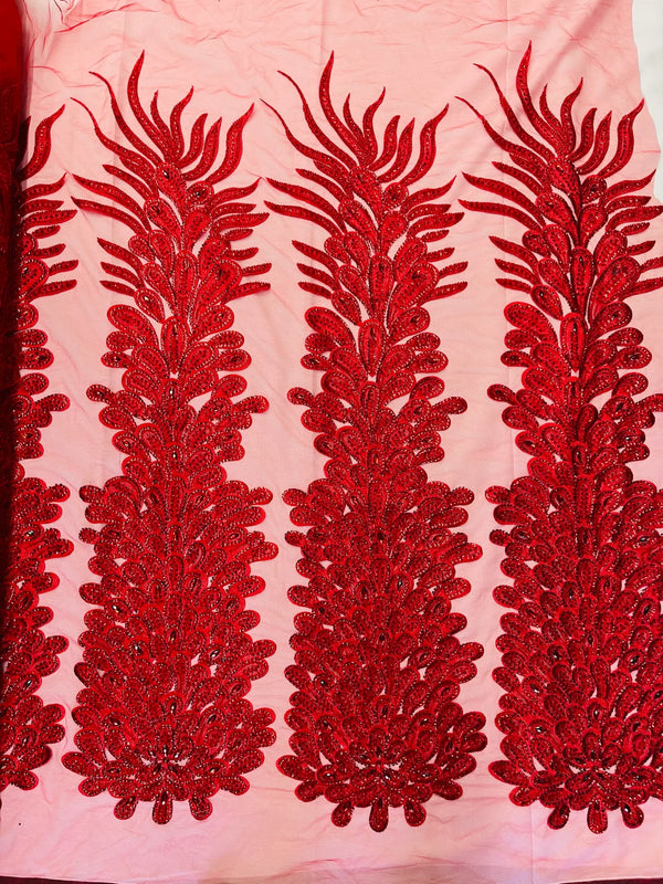 3D Beaded Peacock Feathers - Red - Vegas Design Embroidered Sequins and Beads On a Mesh Lace Fabric (Choose The Panels)