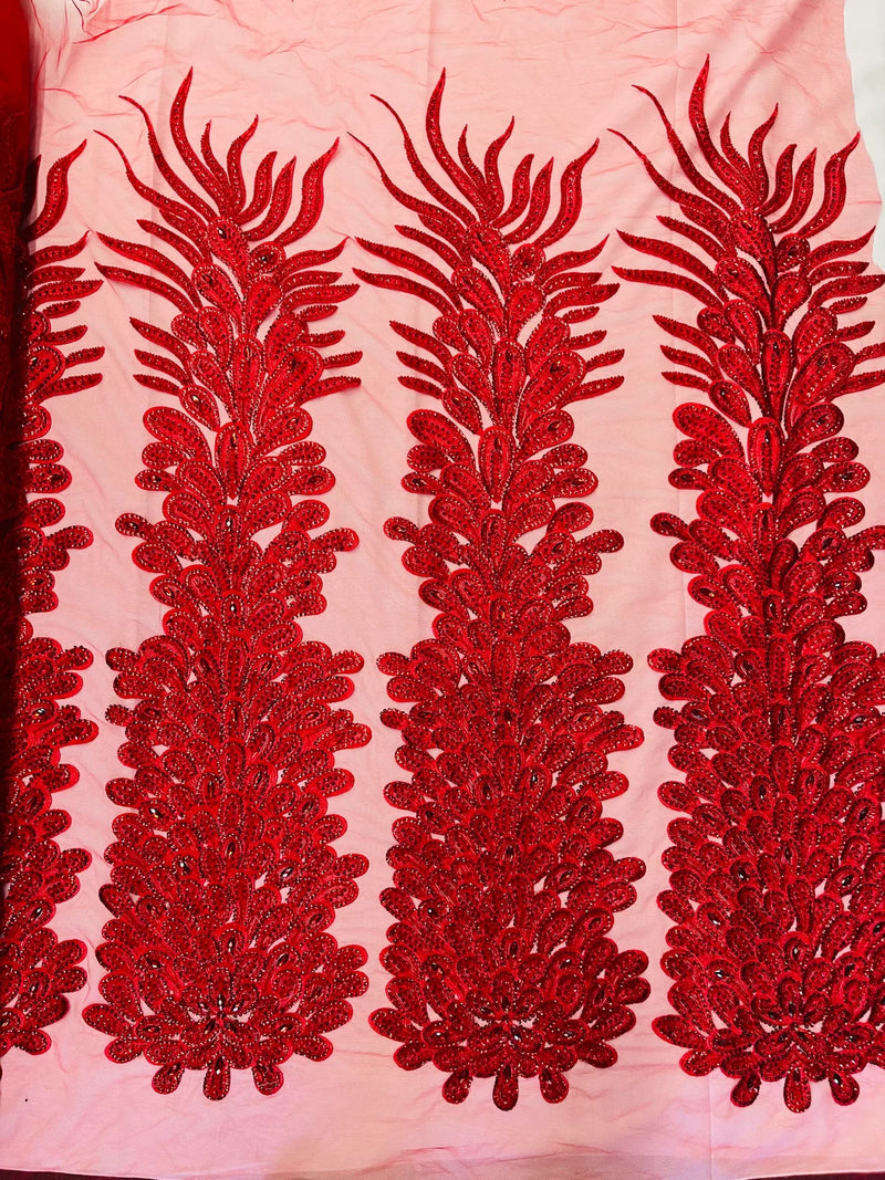 3D Beaded Peacock Feathers - Red - Vegas Design Embroidered Sequins and Beads On a Mesh Lace Fabric (Choose The Panels)