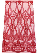Wavy Design Fabric with Leaves - Red - Elegant Beaded Design Embroidered on a Mesh Sold By Yard