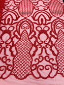 Beaded Fashion Design Fabric - Red - Beaded Embroidered Damask Style Fabric on Mesh By Yard