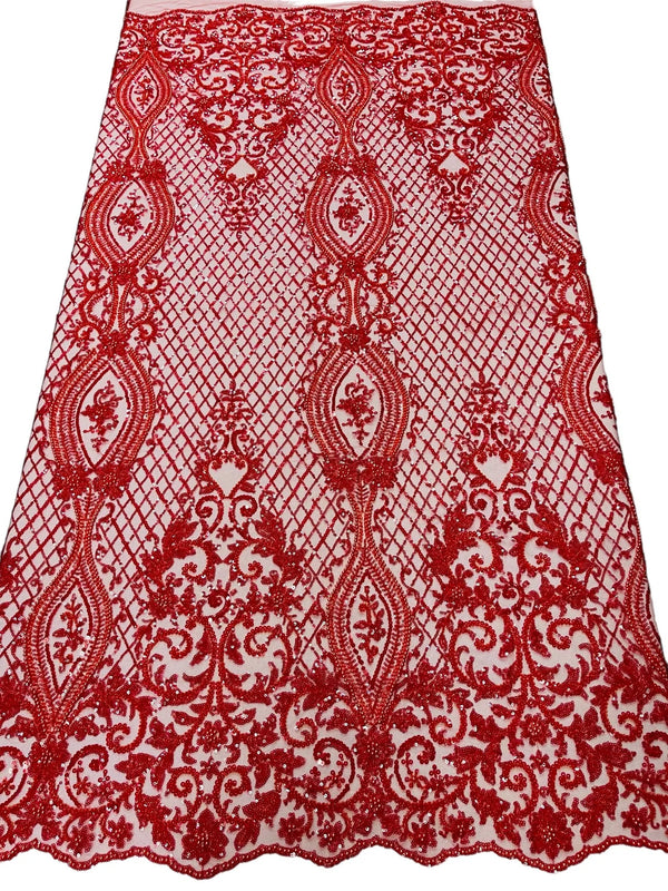 Bead Fashion Damask Fabric - Red - Beaded Sequins Geometric Design on Mesh Sold By Yard