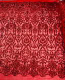 Damask Decor Sequins - Red - 4 Way Stretch Design High Quality Fabric By Yard