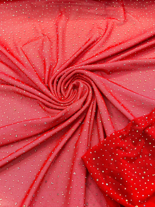 Power Mesh Polyester Rhinestone Fabric - Red - 4 Way Stretch Power Mesh Fabric Crystal Stones By Yard