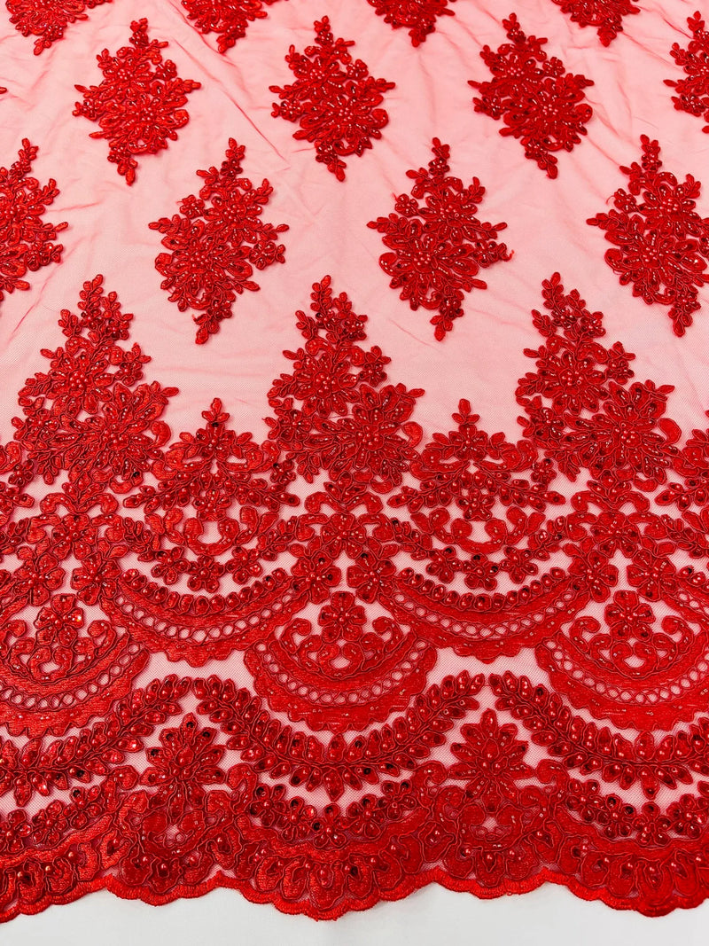 Beaded Flower Cluster Fabric - Red - Embroidered Beaded Fancy Border Floral Fabric Sold By Yard