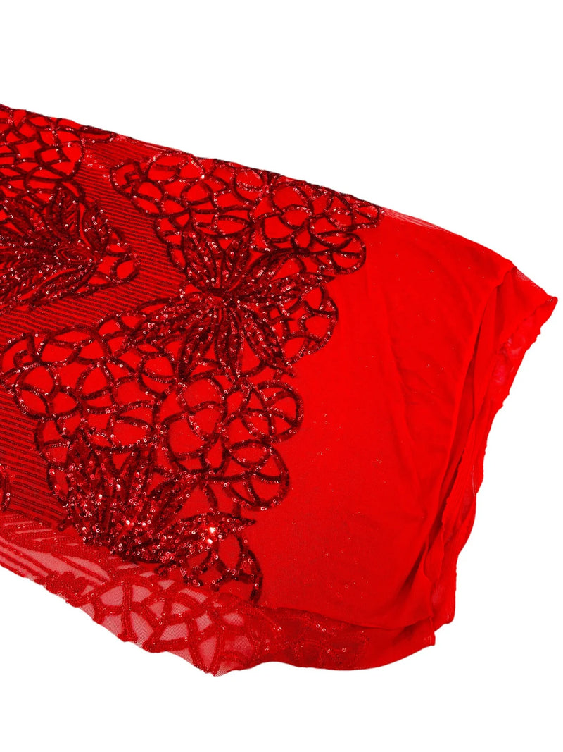 Elegant Floral Leaf Design - Red - 4 Way Stretch Sequins Lace Spandex Fabric By Yard