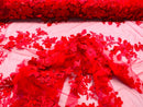 Floral 3D Rose Fabric - Red - Embroided Rose Flower Design Fabric Sold by Yard
