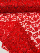 Corded Sequins Flower Lace - Red - Corded Floral Lace With Sequins Sold By Yard