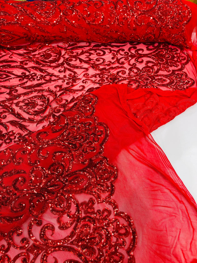 Damask Decor Sequins - Red - 4 Way Stretch Design High Quality Fabric By Yard