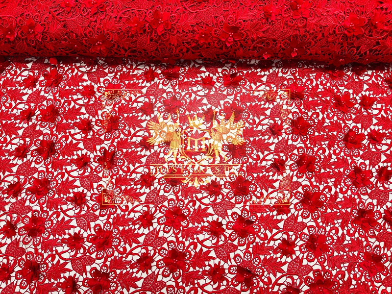 Guipure Floral Lace Fabric - Red - Floral Pearls Guipure Fabric Sold By Yard