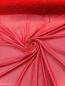 Power Mesh Polyester Rhinestone Fabric - Red - 4 Way Stretch Power Mesh Fabric Crystal Stones By Yard