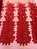 3D Beaded Peacock Feathers - Red - Vegas Design Embroidered Sequins and Beads On a Mesh Lace Fabric (Choose The Panels)
