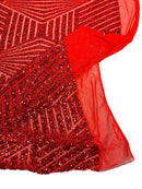 4 Way Stretch - Red - Geometric Design Sequins On Mesh Elegant Fabrics Sold By Yard