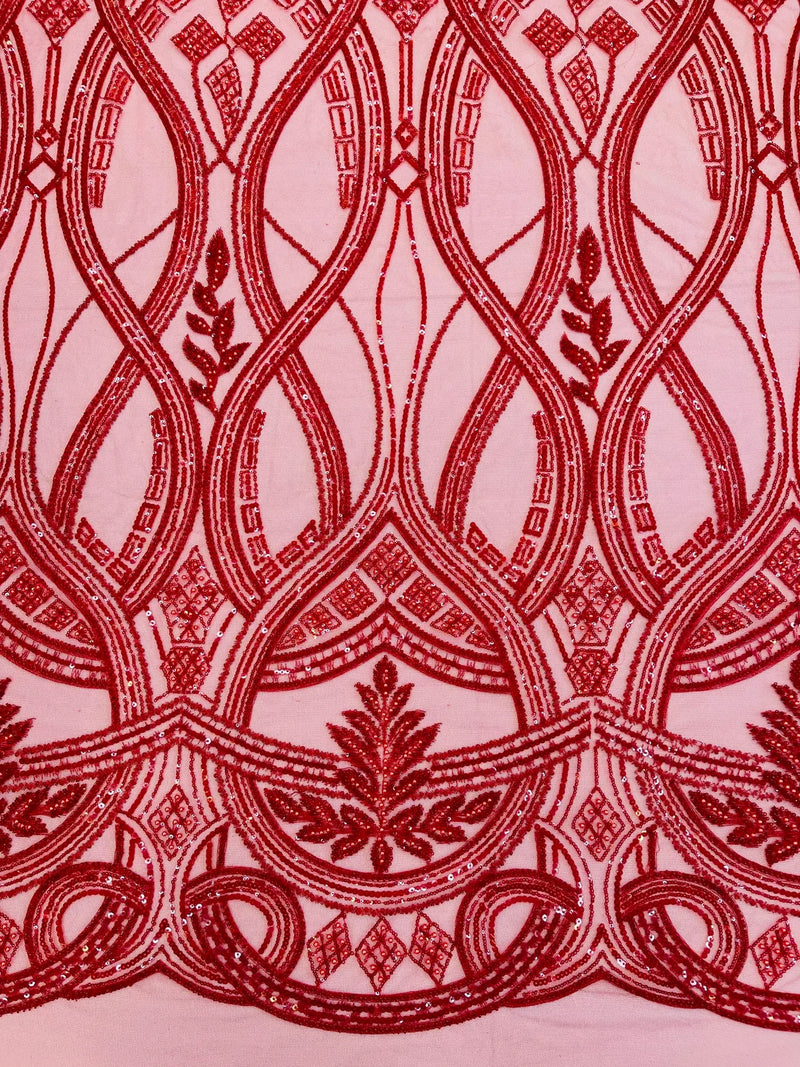 Wavy Design Fabric with Leaves - Red - Elegant Beaded Design Embroidered on a Mesh Sold By Yard