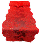 14" Metallic Floral Design Lace Table Runner - Red - Event Table Decor Runner Sold By Yard