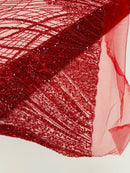Wavy Grass Design Fabric - Red - Beautiful Beaded Fabric Design Embroidered on a Mesh Lace Sold By The Yard