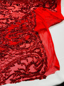 Heart Damask Sequins - Red - 4 Way Stretch Elegant Shiny Net Sequins Fabric By Yard