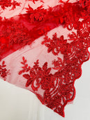 Floral Plant Lace Fabric - Red - Flower Plant Design Lace Sequins Fabric Sold By Yard