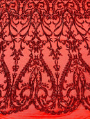 4 Way Stretch - Red - Sequins Damask Design Fabric Embroidered On Mesh Sold By The Yard