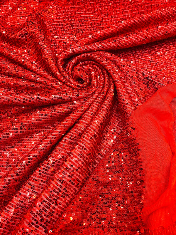 Mille Striped Stretch Sequins - Red - 4 Way Stretch Spandex Sequins Striped Fabric By The Yard