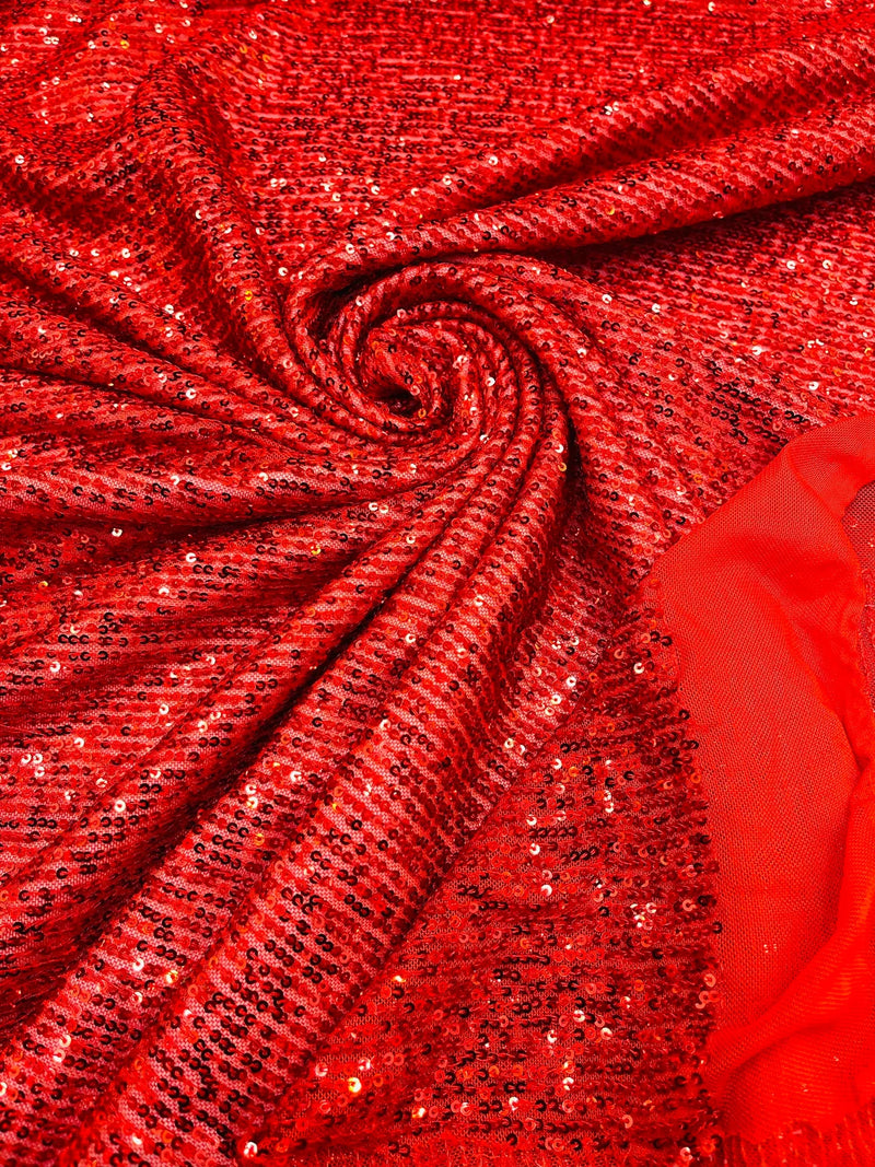 Mille Striped Stretch Sequins - Red - 4 Way Stretch Spandex Sequins Striped Fabric By The Yard