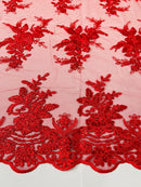 Floral Plant Lace Fabric - Red - Flower Plant Design Lace Sequins Fabric Sold By Yard