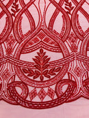 Wavy Design Fabric with Leaves - Red - Elegant Beaded Design Embroidered on a Mesh Sold By Yard