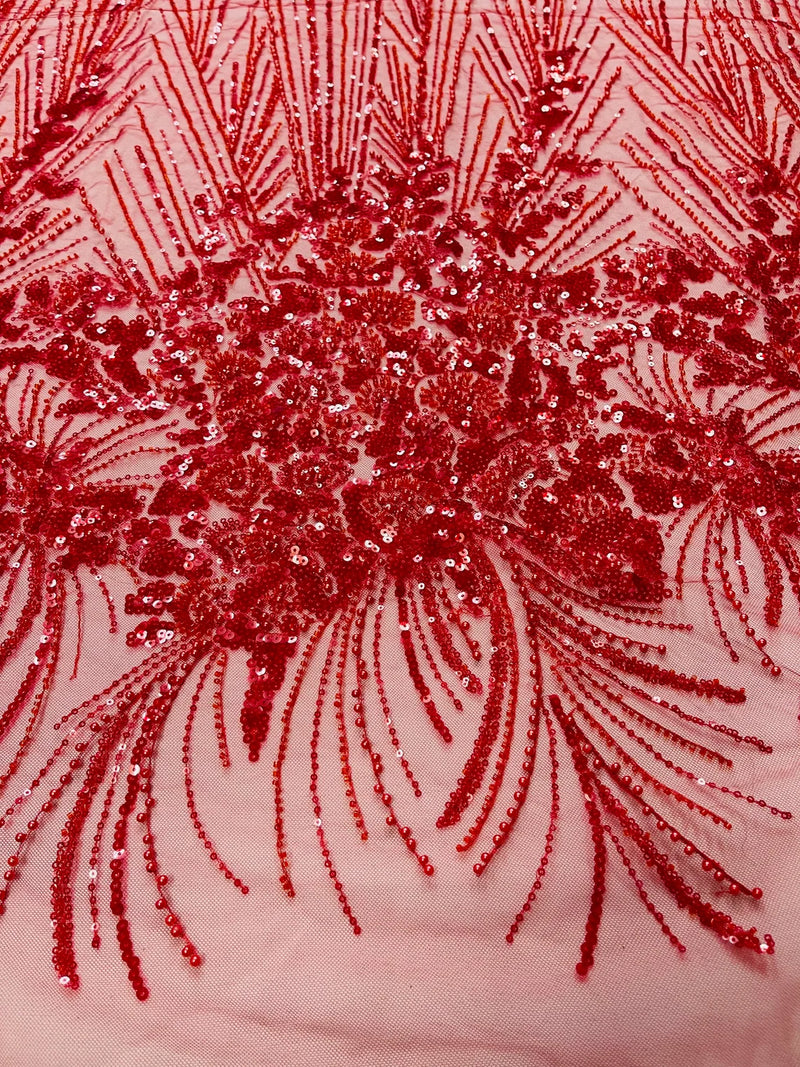 Beaded Floral Line Fabric - Red - Beaded Embroidered Lines and Flowers on Mesh By Yard