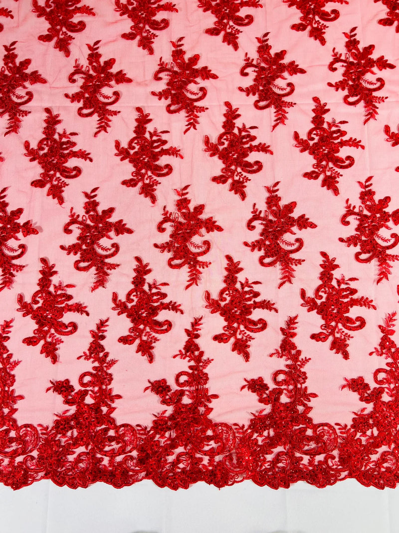Lace Flower Cluster Fabric - Red - Embroidered Flower With Sequins on a Mesh Lace Fabric By Yard