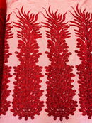 3D Beaded Peacock Feathers - Red - Vegas Design Embroidered Sequins and Beads On a Mesh Lace Fabric (Choose The Panels)