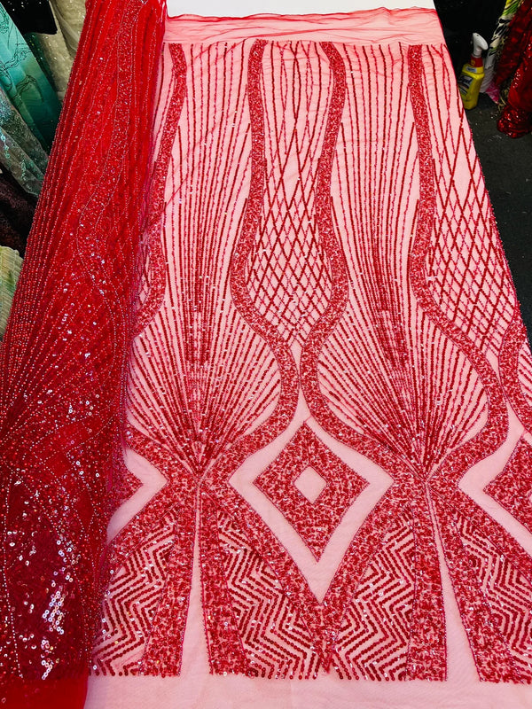Beaded Diamond Design Fabric - Red - Beaded Embroidered Diamond Zig Zag Design on Mesh By Yard