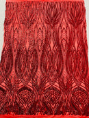 Long Wavy Pattern Sequins - Red - 4 Way Stretch Sequins Fabric Line Design By Yard