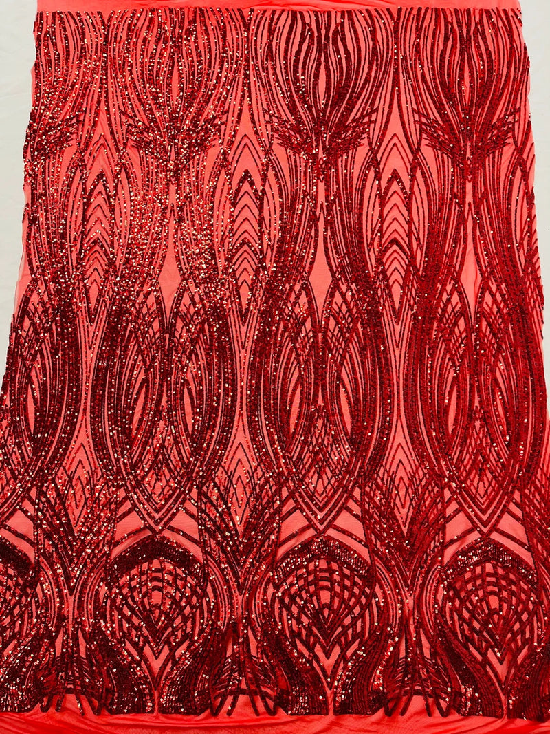 Long Wavy Pattern Sequins - Red - 4 Way Stretch Sequins Fabric Line Design By Yard