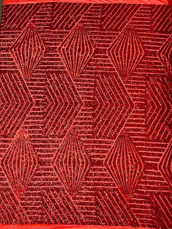 4 Way Stretch - Red - Geometric Design Sequins On Mesh Elegant Fabrics Sold By Yard