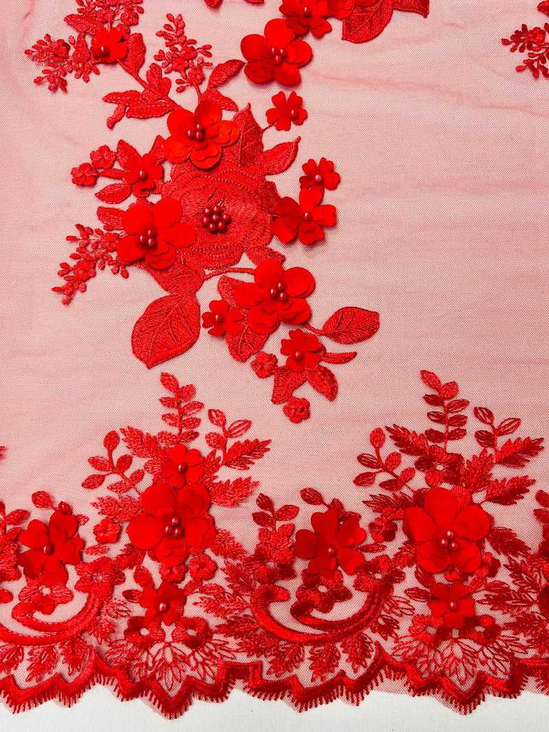 Floral 3D Rose Fabric - Red - Embroided Rose Flower Design Fabric Sold by Yard