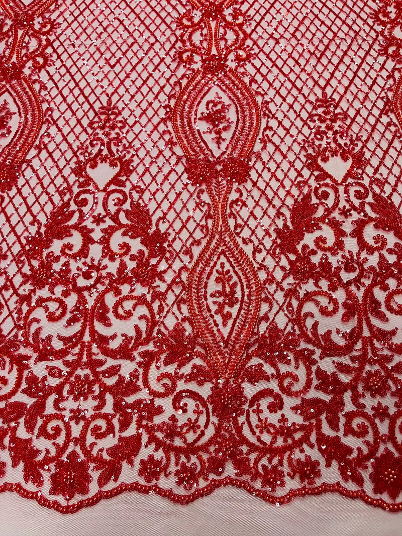 Bead Fashion Damask Fabric - Red - Beaded Sequins Geometric Design on Mesh Sold By Yard