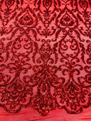 Damask Decor Sequins - Red - 4 Way Stretch Design High Quality Fabric By Yard