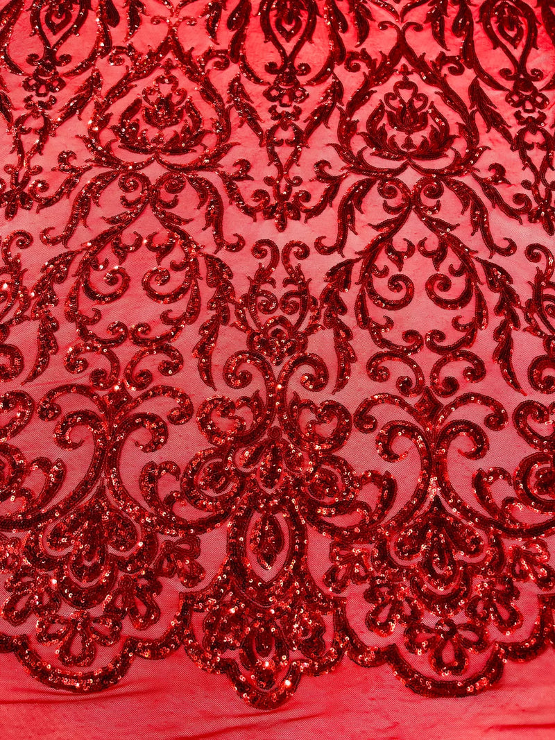 Damask Decor Sequins - Red - 4 Way Stretch Design High Quality Fabric By Yard