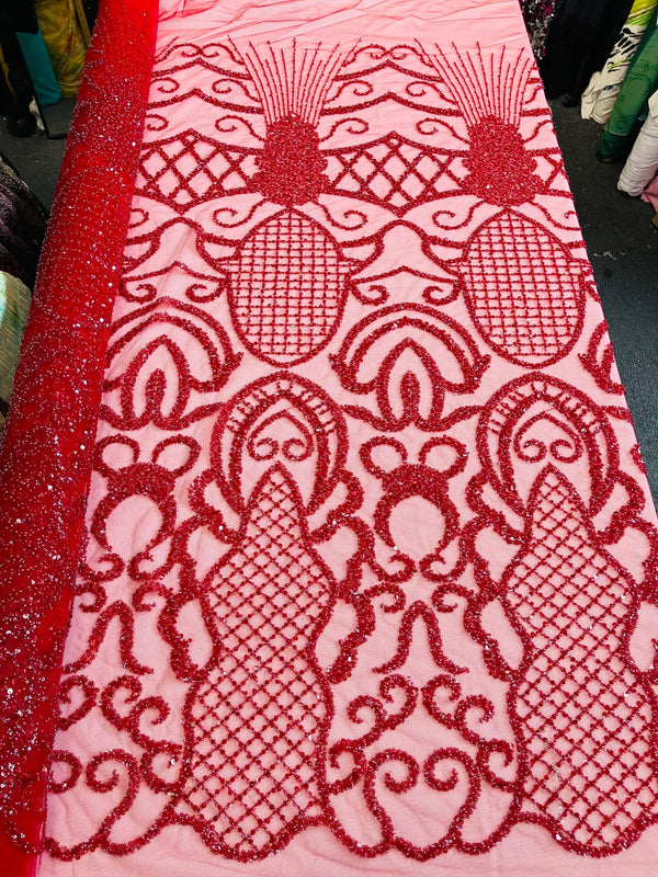 Beaded Fashion Design Fabric - Red - Beaded Embroidered Damask Style Fabric on Mesh By Yard