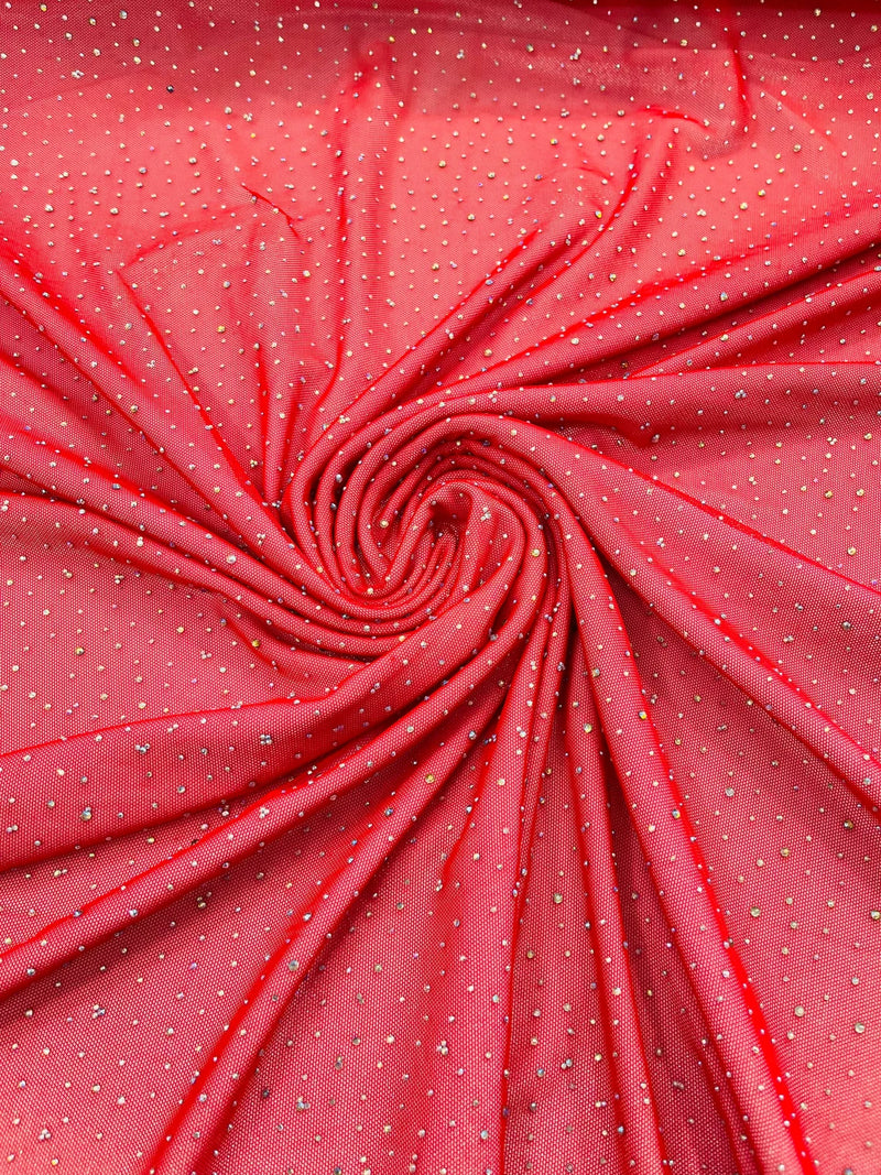 Power Mesh Polyester Rhinestone Fabric - Red - 4 Way Stretch Power Mesh Fabric Crystal Stones By Yard