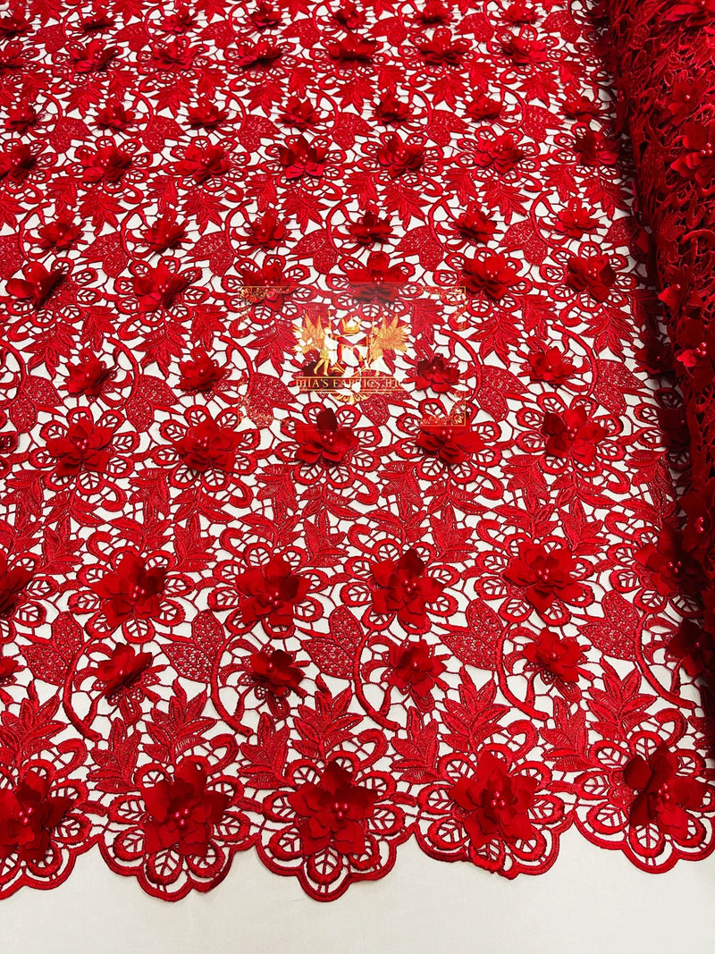 Guipure Floral Lace Fabric - Red - Floral Pearls Guipure Fabric Sold By Yard