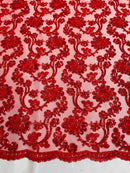 Corded Sequins Flower Lace - Red - Corded Floral Lace With Sequins Sold By Yard