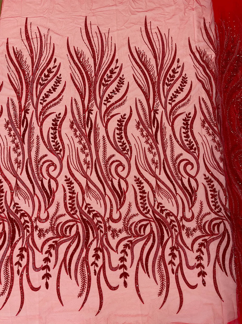 Sea Plant Design Fabric - Red - Beaded Embroidered Sea Plant Design Fabric by Yard