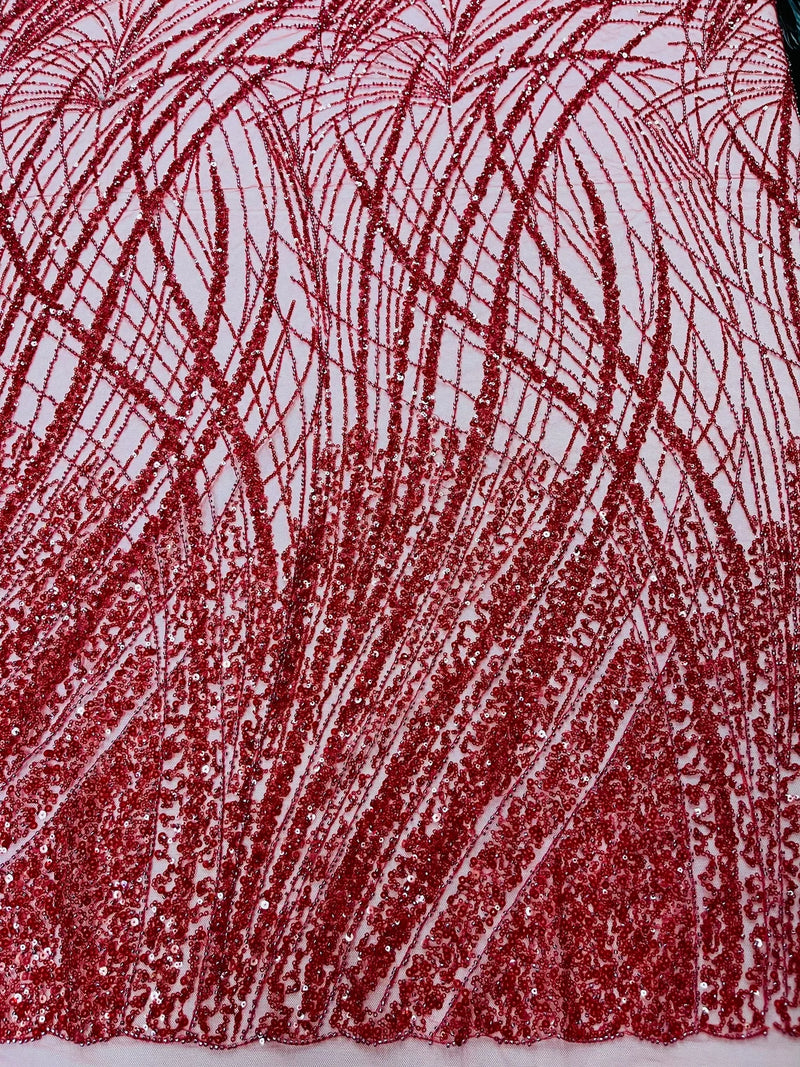 Wavy Grass Design Fabric - Red - Beautiful Beaded Fabric Design Embroidered on a Mesh Lace Sold By The Yard