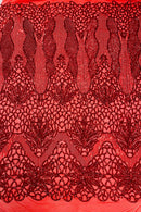 Elegant Floral Leaf Design - Red - 4 Way Stretch Sequins Lace Spandex Fabric By Yard