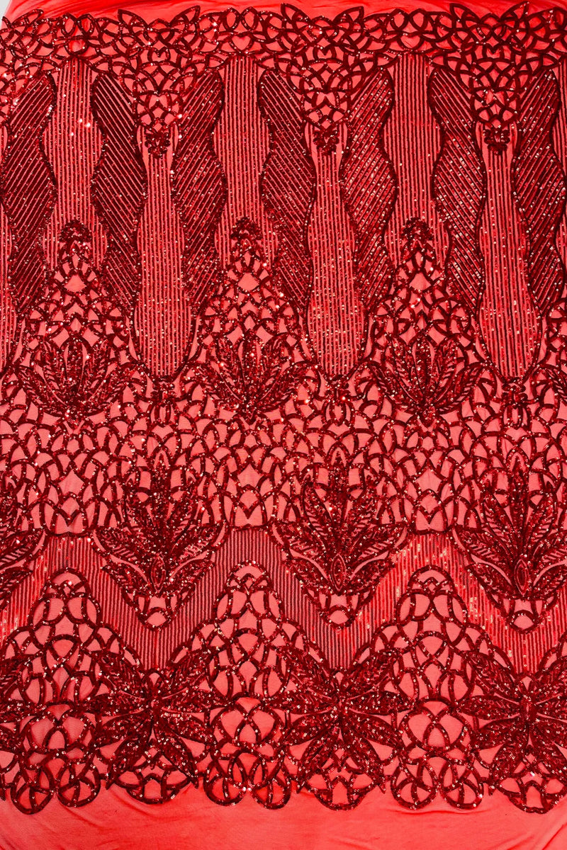 Elegant Floral Leaf Design - Red - 4 Way Stretch Sequins Lace Spandex Fabric By Yard